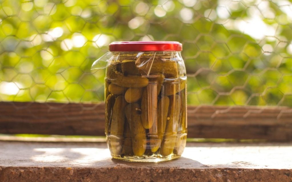 Jar of pickles on a shelf in front of a window.