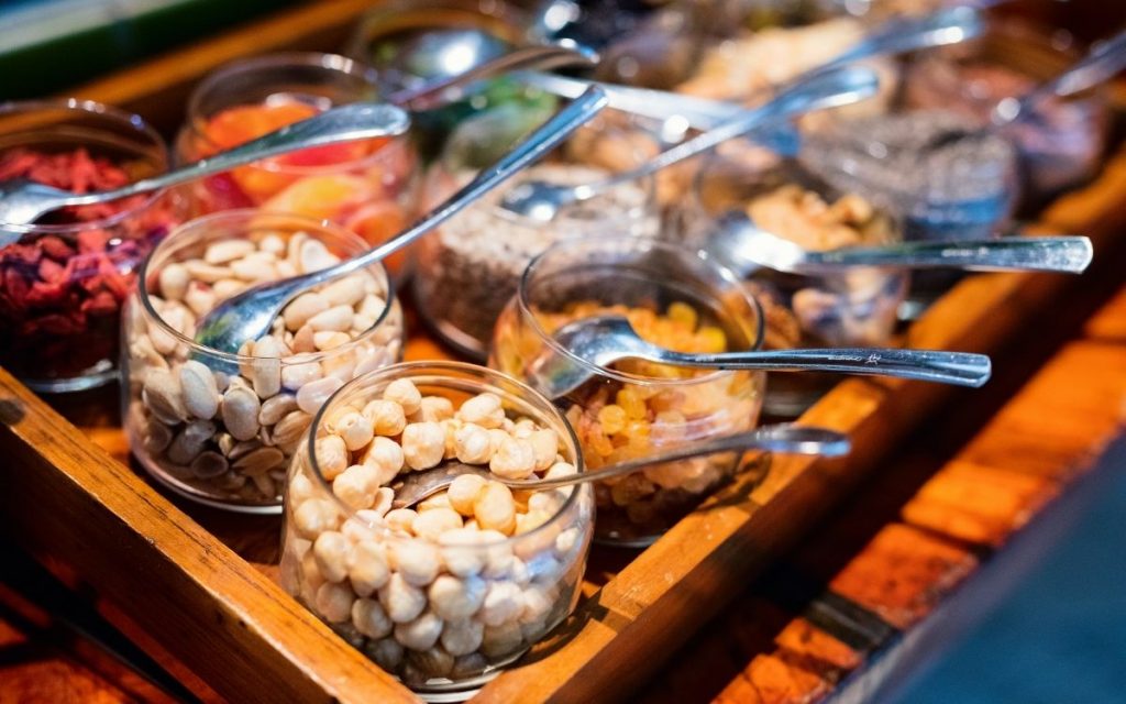 Bowls of assorted nuts.
